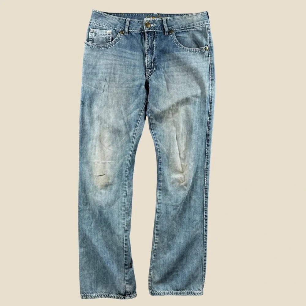 Wrangler Rock 47 Jeans Men 34x36 Blue Slim Boot Heavy Stitch Western Cowboy